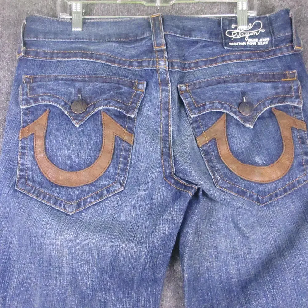 Vintage True Religion Jeans Mens 34x30 Blue Leather Horseshoe Distressed USA